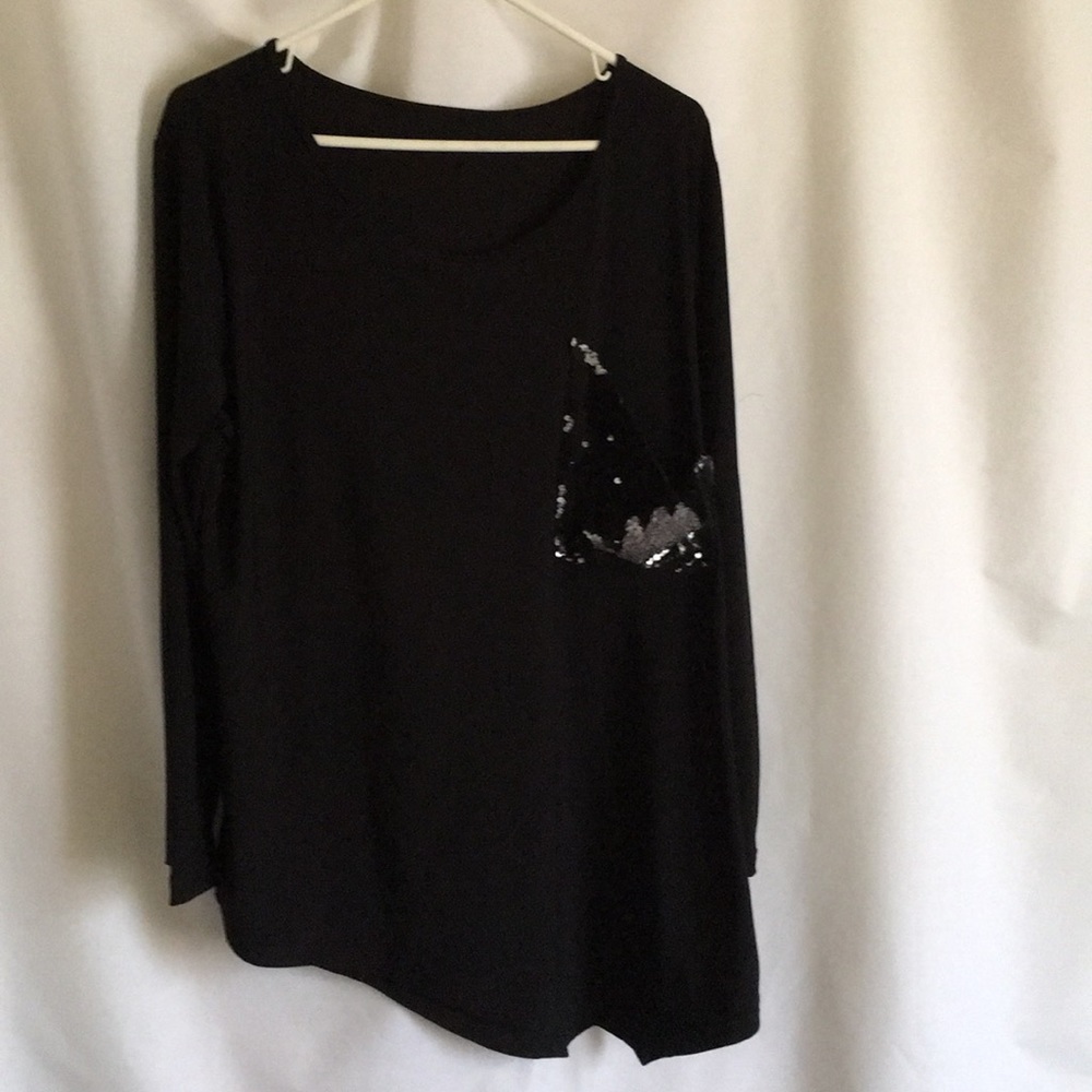 Black Beaded Pocket Long  Sleeve Stretchy Shirt 2X